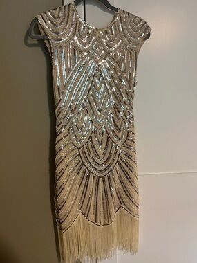 Beaded Fringe Sheath Dress in Champagne